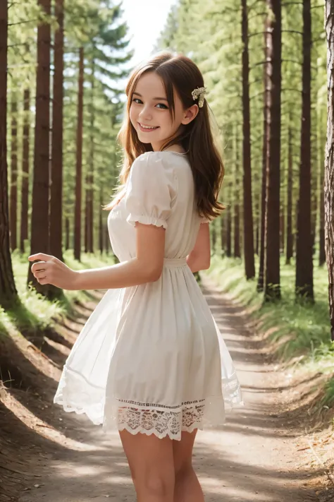 Masterpiece, Best quality, 8k, 18 ans, full body, sourire, sourire, pure, cute, fit, healthy, happy smile, German, French, forest, dress