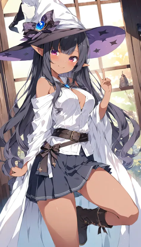 （best quality), elementary school student, a witch girl , elf, solo, sexy, (cute), beautiful detailed Witch's robe, mini skirt, Witch's hat , long boots, white silver and black gradient Hair, long hairstyle, beautiful accessories, (dark skin :1.4),  {cool ...