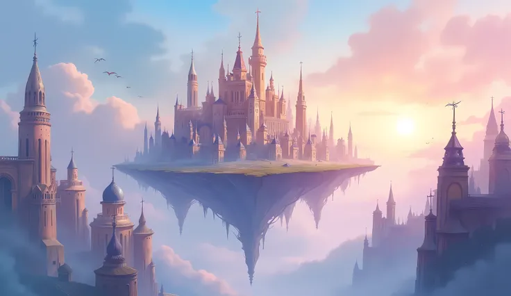 In a dreamlike watercolor painting, a majestic floating city shimmers in a kaleidoscope of pastel hues, its spires reaching towards an ethereal sky. The artwork is a detailed and immersive digital illustration. Each building is adorned with intricate desig...