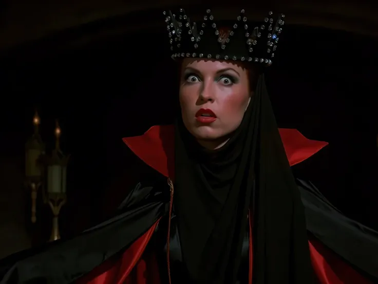 cinematic closeup film still of Evil Queen a Long shot of a surprised woman with Huge Wide Bulging Eyes , Very busty in a black costume, Long Black Satin Cape with red satin Lining and a black crown with wide staring eyes and a shock expression on her fac...