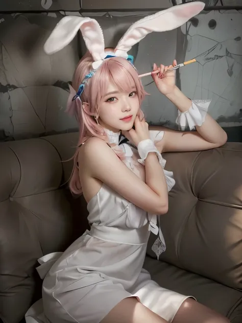 arafed woman in bunny ears sitting on a couch with a white dress, anime cosplay, delicate androgynous prince, haruno sakura, anime girl cosplay, ayaka cosplay, cosplay of a catboy! maid! dress, cosplay, professional cosplay, pastel pink skin tone, realisti...