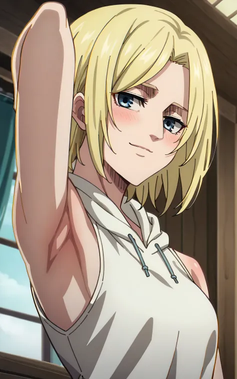 score_9, score_8_up, score_7_up, source_anime, masterpiece, best quality, amazing quality, anime screencap, 1girl, solo, Annie Leonhart, short hair, blue eyes, blonde hair, white hoodie, sleeveless, bare shoulders, bare arms, arm behind head, armpit, head ...