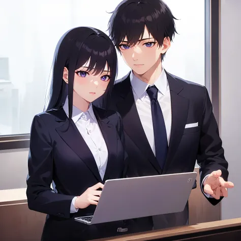 A couple is looking at a computer in a meeting room. BREAK The man has short brown hair and green eyes and is wearing a suit and blue tie. BREAK The woman has medium length straight black hair with bangs, purple eyes and is wearing a suit.