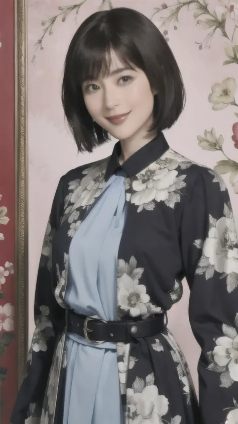 355 (20-year-old woman),( short hair), ( High Definition Photos ), (smile), (Picture Frame、floral fractal background), ( waist belt)