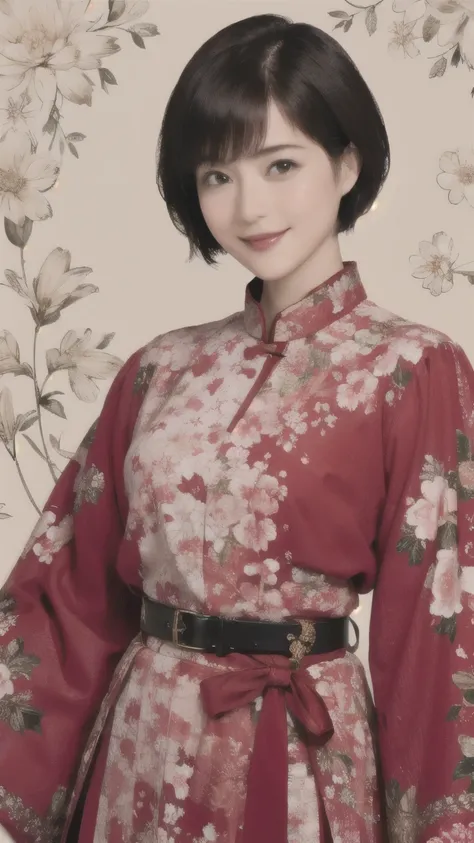 355 (20-year-old woman),( short hair), ( High Definition Photos ), (smile), (Picture Frame、floral fractal background), ( waist belt)