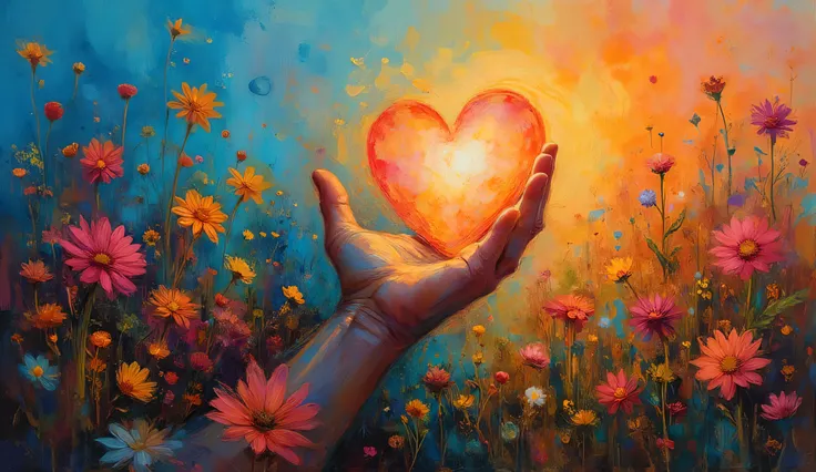 Amidst a twilight of emotions, an ethereal hand emerges to offer a glowing heart—a symbol of pure, selfless giving. Surrounding this tender moment, a garden of wild, exuberant flowers dances in soft, vivid tones. The canvas marries fluid ink splashes with ...