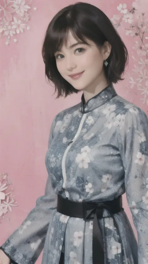 355 (20-year-old woman),( short hair), ( High Definition Photos ), (smile), (Picture Frame、floral fractal background), ( waist belt)