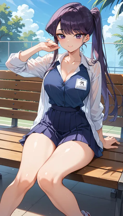 Komi Shouko, Pure Japanese age tennis girl, natural body, purple eyes, beautiful legs, shiny white skin, sitting on bench, relaxed pose, open legs, wearing tennis wear, sneakers, natural ponytails, purple hair, no makeup, thick eyebrows, pure smile, sexual...