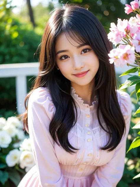 (Best quality, Masterpiece, Ultra High Resolution, (Photorealistic:1.4), Raw Photo, depth of field, professional lighting), 1girl, 15-years-old, the most famous Japanese idol, (wearing most adorable outfits, (light pink dress with long sleeved), ((white bl...