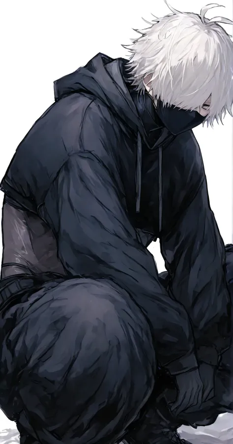 1boy, ((cropped hoodie:1.7)), ((bodysuit)), white hair, hair over one eye, messy hair, ahoge, baggy pants, squatting, ヤンキー座り, black ninja mask