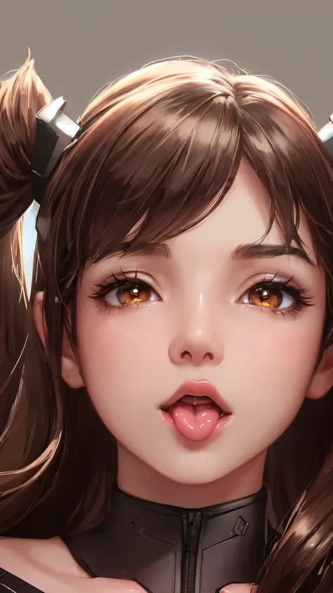 (masterpiece), (best quality), (intricate details), good eyes, glowy eyes, sidelighting, brown eyes, shiny skin, ((Tongue out)) ((very zoomed in on face)), ((super glossly lips)), deep shadow, (Dva from overwatch), brown hair, cinematic lighting, sparkle, ...