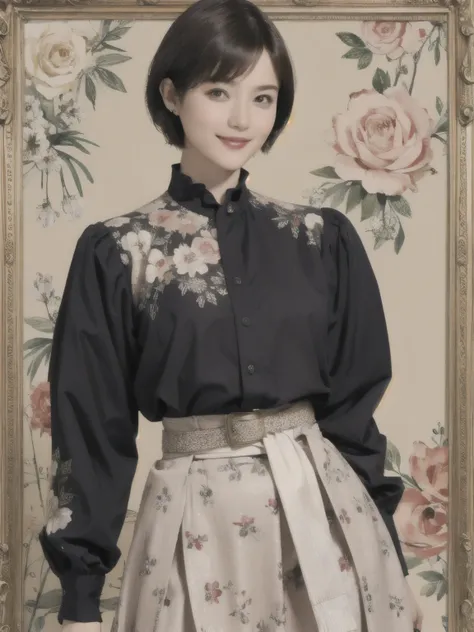 355 (20-year-old woman),( short hair), ( High Definition Photos ), (smile), (Picture Frame、floral fractal background), ( waist belt)