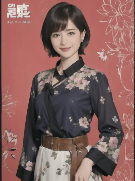 355 (20-year-old woman),( short hair), ( High Definition Photos ), (smile), (Picture Frame、floral fractal background), ( waist belt)