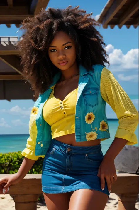 Ultra-realistic, 4k, professional photo, 22 year old girl, black girl, big curly hair, HDR, detailed face, medium body, yellow skirt with flower, (open blue shirt), Masterpiece, (lighting), (1solo), beach background, realistic background, realistic photo