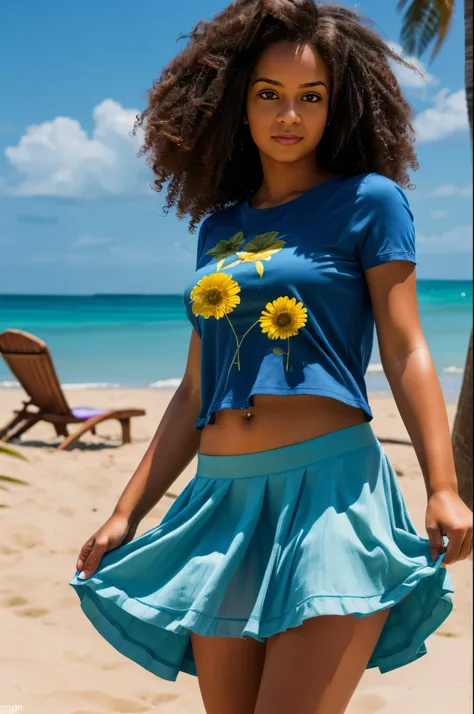 Ultra-realistic, 4k, professional photo, 22 year old girl, black girl, big curly hair, HDR, detailed face, medium body, yellow skirt with flower, (open blue shirt), Masterpiece, (lighting), (1solo), beach background, realistic background, realistic photo