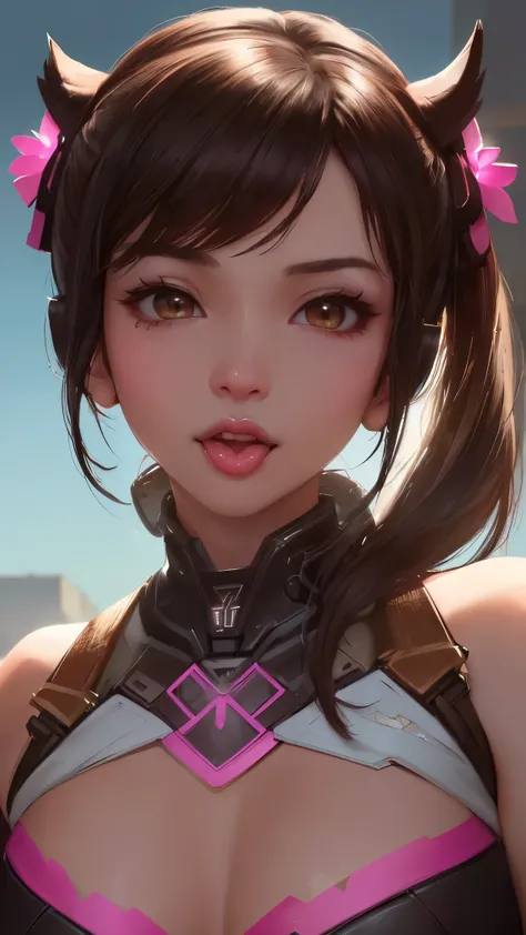 (masterpiece), (best quality), (intricate details), (((very zoomed in on face))), good eyes, glowy eyes, sidelighting, brown eyes, shiny skin, ((Tongue sticking far out)), , deep shadow, (Dva from overwatch), brown hair, cinematic lighting, sparkle, ray tr...