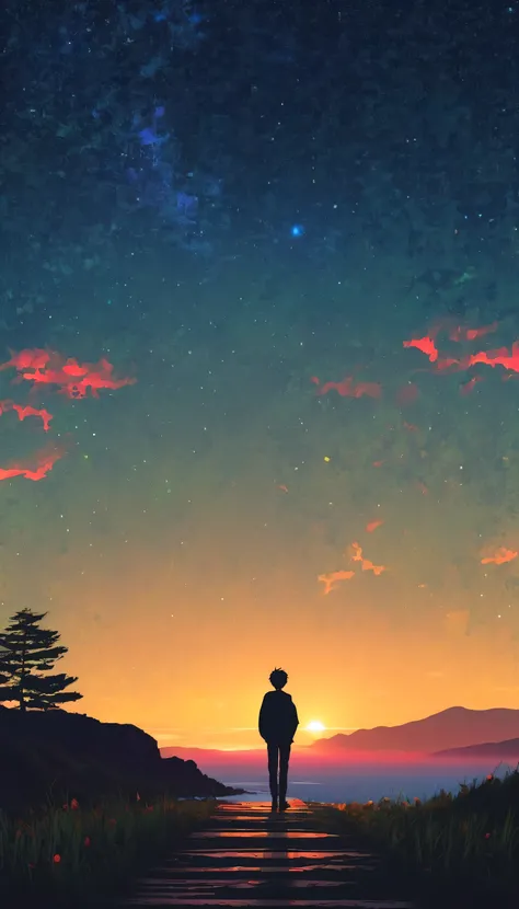 Beautiful serene anime landscape, ((with clean sky bintage effect)), draw simple art in Tintinpixai style, !!!!!!      Lonely young man!!!!!!  long exposure starry sky with lots of circular orbits , focus on stars, silhouette Anime beautiful peace scene, s...