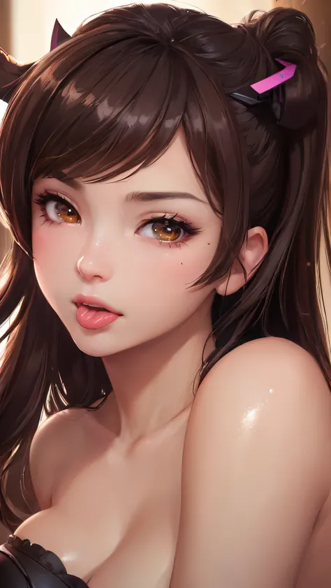 (masterpiece), (best quality), (intricate details), (((very zoomed in on face))), good eyes, glowy eyes, sidelighting, brown eyes, shiny skin, ((Tongue sticking far out)), ((saliva on tongue)), deep shadow, (Dva from overwatch), brown hair, cinematic light...