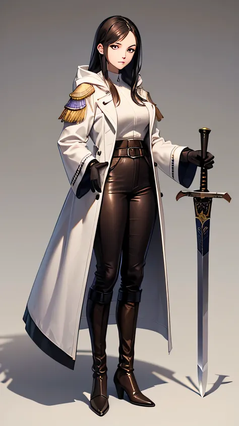  young woman, of average physical build ,  long black hair,  with violet eyes , with white trench coat and white hood,  with brown leather gloves medieval style, Slim fit purple shirt guard, brown leather belt, brown leather pants,  brown leather boots ,  ...