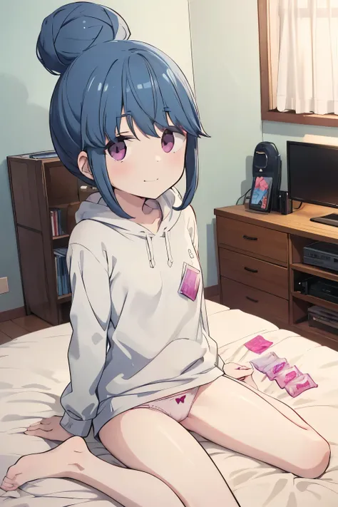 Shimarin, dark blue hair , Rin Shima, yuru camp,  score_9,  score_8_ up the side,  score_7_ up the side,  source_Anime,  (Anime coloring, Anime screencap:1.2),  flat color,  goddess magazine,   shiny skin,  used condoms, Condom in mouth, throw,  from above...