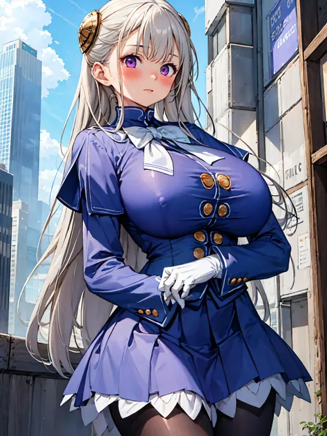 huge breasts,  Masterpiece,  highest quality, Mid-up,  1 girl, Alone, Ingrid, Hair Pod,  Long Sleeve, white ribbon below neck,White gloves, blue purple dress ,blue-purple skirt, Brown pantyhose,Front view, Seductive face, Hands Behind ,background skyscrape...