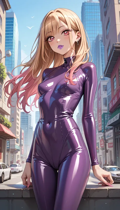 KJOmarin, slim build. small waist. long legs. round head. fair skin. purple lips. long straight blonde hair with pink streaks. multicolored hair. pink eyes. small saggy breasts. purple latex suit. city. fair