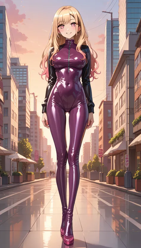 KJOmarin, slim build. small waist. long legs. round head. fair skin. long straight blonde hair with pink streaks. multicolored hair. pink eyes. large breasts. purple latex suit. city. fair. sunset