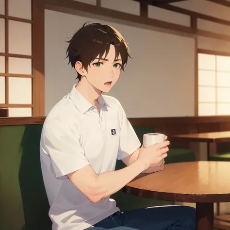 masterpiece, best quality, Japanese manga style, upper body, (25 year old male: 1.5) and (short brown hair) and (green eyes), break (white polo shirt) and (jeans) break (sad:1.2), open mouth, inside the cafe, alone, sitting,
