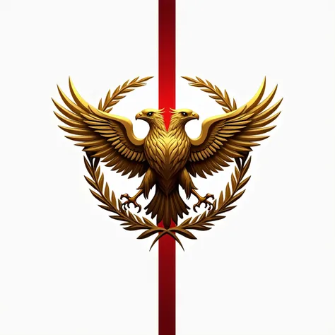 Logo. heraldry. The flag is a double-headed golden eagle in a laurel wreath. white background with red stripes. the horror. minimalism. red patterns.