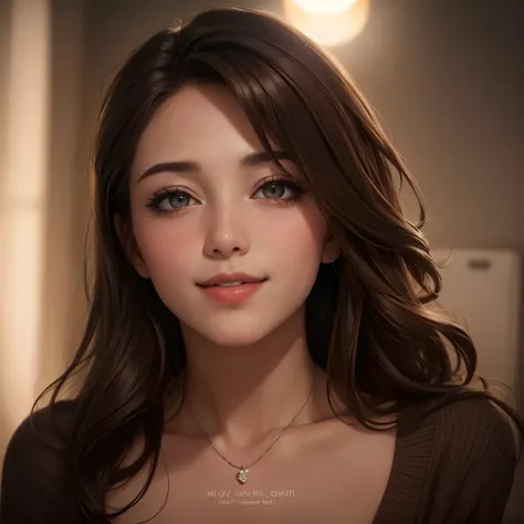 ((Night, Realistic Light, Best Quality, 8K, Masterpiece: 1.3)), 1girl, Slim Beauty: 1.4, (Brown hair, Medium breasts: 1.3), Long pink sweater: 1.1, Bathroom, Super fine face, Delicate eyes, Double eyelids, smile, necklace