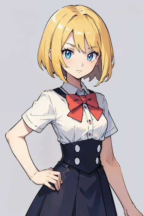 cute girl, pokemon trainer, preppy elegant clothes, blue eyes, blonde hair, short hair