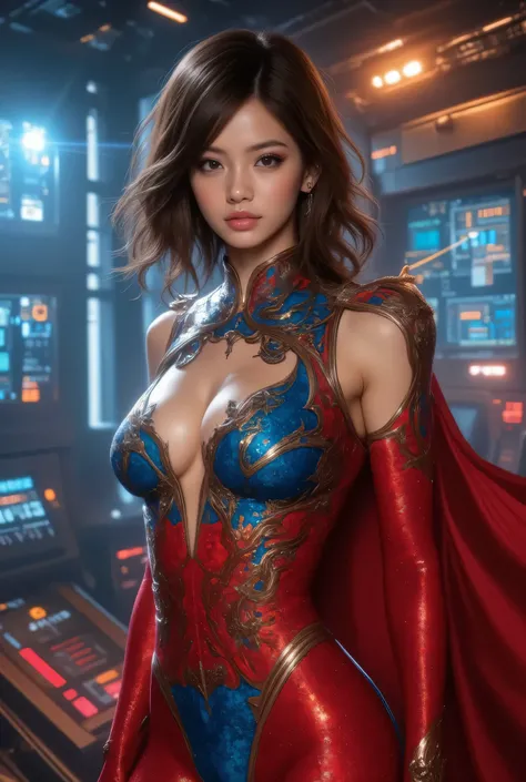 A captivating close-up captures a beautiful female combatant standing in the cockpit of a gigantic spaceship. Illuminated by strobe lights, her dazzling red and blue combat bodysuit with gold patterns shines like a jewel. LED lights shine beautifully on th...