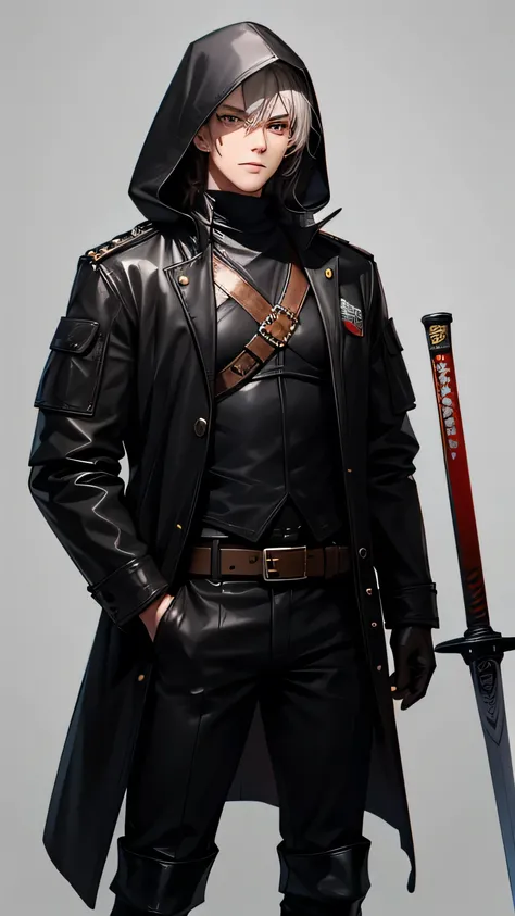  Young man, of average physical build ,  short gray hair, With red demon eyes, with black tactical jacket and black hood, with a medieval style brown leather glove, dark green fitted shirt, brown leather belt, black leather pants,  brown leather boots, wit...