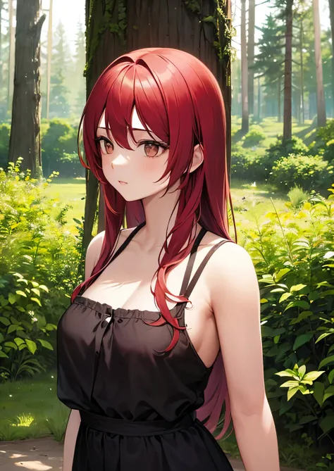  score_8_arriba, BREAK, 1 girl, Alone , Tayuya,  red hair,  long hair,  Brown Eyes, yours,  upperbody, al aire libre, forest,  arms on the sides ,