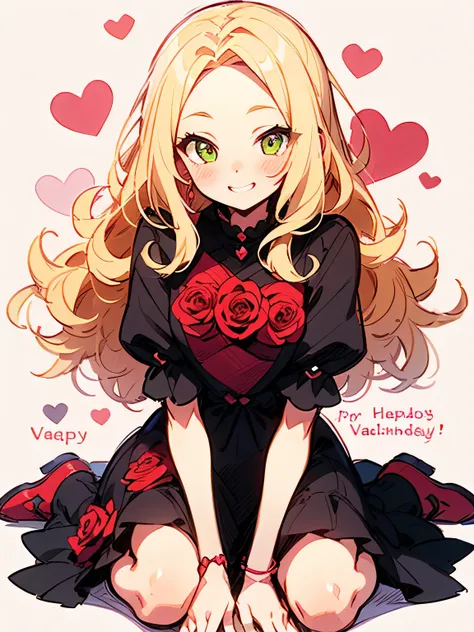 Alone,( wariza),blonde curly long hair,forehead,lime green eyes,abult woman face, beautiful adult woman smiling,crimsonred ゴージャス dress,ValentinesDay,Quiron heart ,rose,( manga style),(sketch),(illustration), masterpiece , best quality,