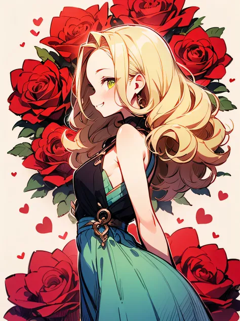 Alone,sideview,( wariza),blonde curly long hair,forehead,lime green eyes,abult woman face, beautiful adult woman smiling,crimsonred ゴージャス dress,ValentinesDay,Quiron heart ,rose,( manga style),(sketch),(illustration), masterpiece , best quality,