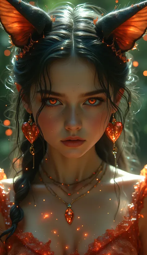 (girl with animal features like a fairy)( mirrored transparent dress)(beautiful nature)(A girl with a very funny expression on her face)(made of red earrings in the shape of a small heart)(predatory gaze)(predatory forest)