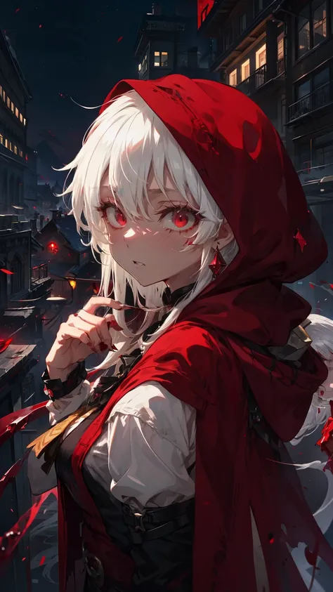 赤いフードとRed eyesをしたアニメの女の子が食べ物を食べている, from East, Bloody Eyes, Pixiv, thief Little Red Riding Hood, red blood tears, 血のようにRed eyes, Red tears, Little Red Riding Hood, My eyes are completely red, East project, East, Red eyes, Pixiv style, Bright red eyes, at P...