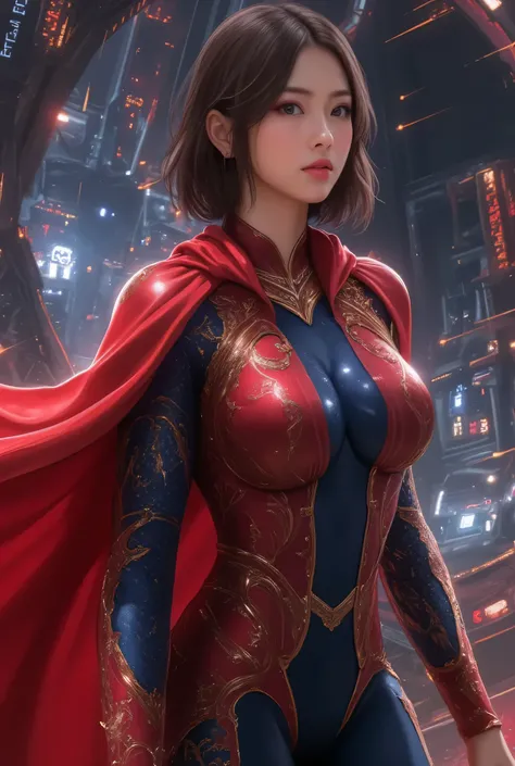 A captivating close-up captures a beautiful female combatant standing in the cockpit of a gigantic spaceship. Illuminated by strobe lights, her dazzling red and blue combat bodysuit with gold patterns shines like a jewel. LED lights shine beautifully on th...