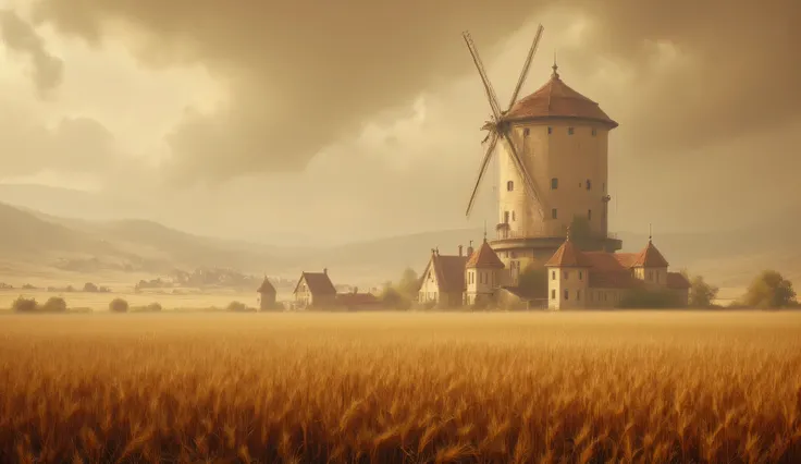 Huge fertile fields full of wheat. ,A large and beautiful cream-colored windmill with a red tiled roof. A cream-colored village with red tiles is visible in the distance. Brown clouds and beige sky