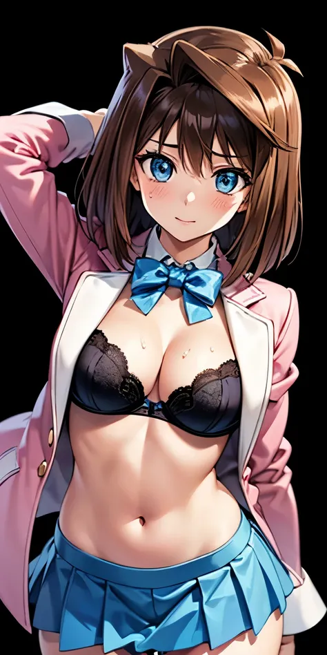 1 Female,High definition,high resolution,Ultra-realistic,8K,aamazaki, (antenna hair:1.2), blue bowtie,blue eyes, pink jacket, blazer, long sleeves, blue skirt, tight skirt, ((miniskirt)),standing, solo,  standing, masterpiece, best quality, detailed face, ...