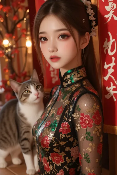 View from top, Cat ears、 face up, attractive, pretty girl, ponytail、few beautiful lady hair decorations, (( fine facial features , eroticism)), dramatic lighting , realistic , 8k, Dramatic Shadows , intricate and elaborate patterns , super detailed photo ,...