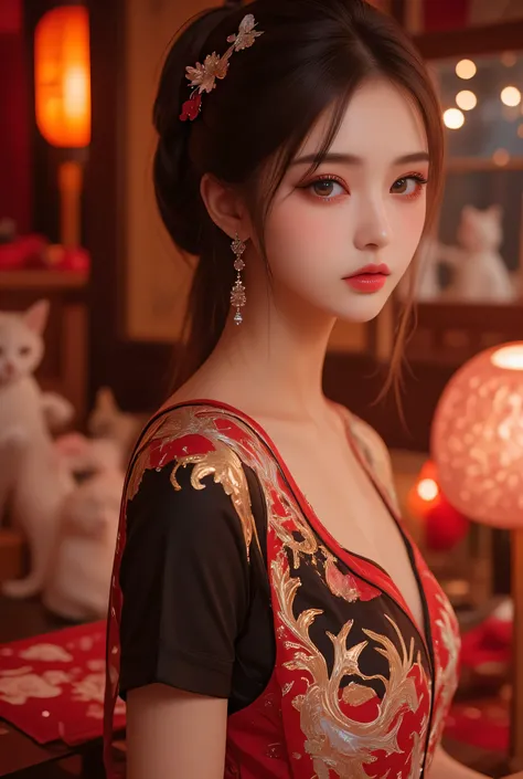 Cat ears、 face up, attractive, pretty girl, ponytail、 (( fine facial features , eroticism)), dramatic lighting , realistic , 8k, Dramatic Shadows , intricate and elaborate patterns , super detailed photo , chiaroscuro lighting , Pleasant colors , deep cont...