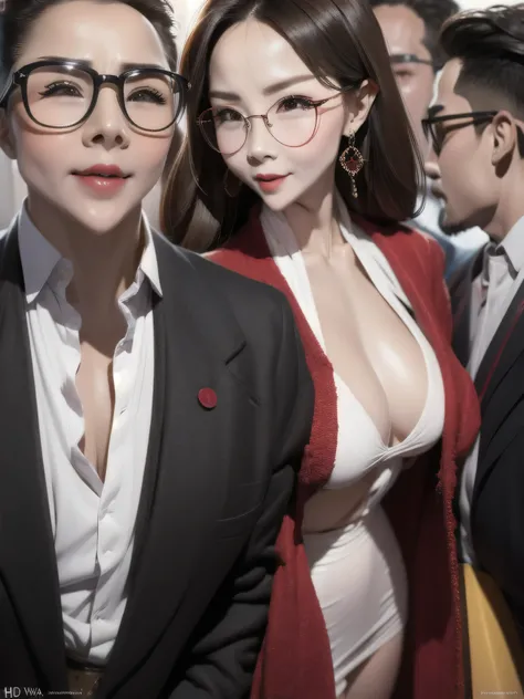 A beautiful woman in revealing men's clothes is making out with her male friends in the crowded crowd, UHD, masterpiece, textured skin, super detail, best quality, 8k