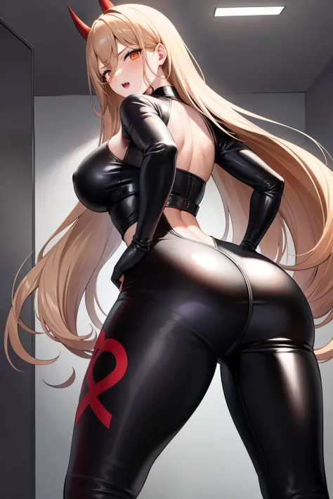 1girl, PowerV2, long hair, blonde hair, (red horns:1.1), (cross-shaped pupils:1.3), symbol-shapedpupils, yellow eyes, sharp teeth, 
BREAK wear tight black latex clothes
BREAK black tight latex pants, view from behind,
BREAK indoors, office, 
BREAK (masterp...