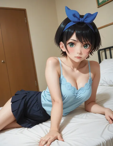 score_9, score_8_up, score_7_up, source_anime,
rukasarashina, ruka sarashina, short hair, bangs, black hair, ribbon, green eyes, hair ribbon, hairband, blue hairband,
skirt, cleavage, sexy pose, 
indoors, bed, bed room, on side, blush, drunk,
looking at vi...