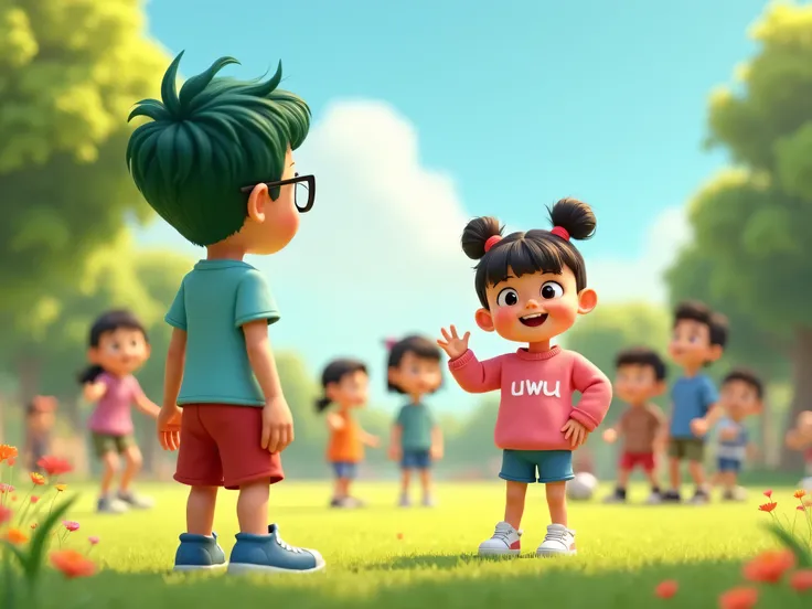 A 3D Pixar animation -style illustration with a soft and friendly pastel color palette. Owo, seen from the back, boy with green hair, big black round glasses, wearing a light blue t-shirt, red shorts and blue sneakers, stands at the edge of the park, hesit...