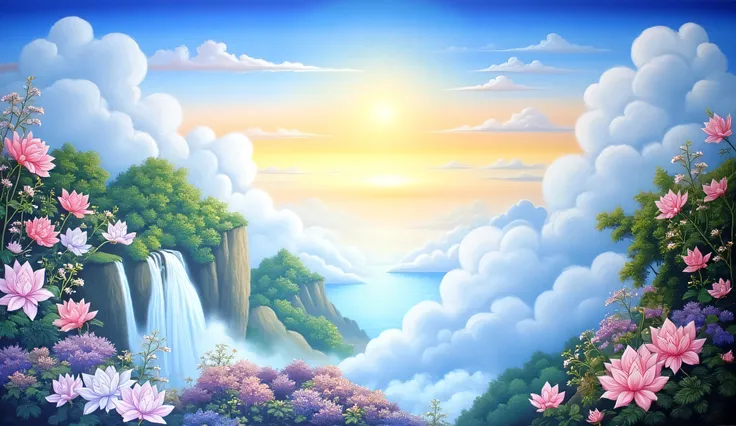 Mural Thai painting. Art. Thai painting. soft tone. heaven with some flowers. sky. cloudy. waterfalls from hills which high above cloudy sky. bright blue sky. Beautiful. Peaceful. the small sun in the middle.