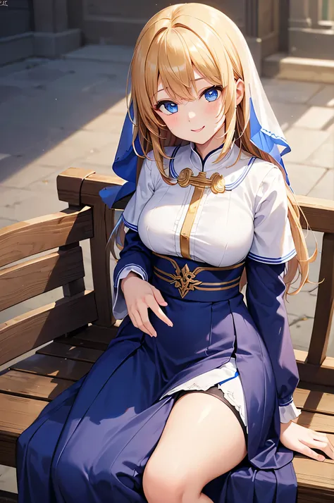  adult woman,  alone,  sexy, 8k resolution,(( highest quality)),  ultra high resolution, (A gentle smile), ( blue eyes),  beautiful symmetrical face  , ( long golden hair ),Sister's monk uniform , long skirt,Veil, stockings, by Nomi:1.4,( Masterpiece:1.2),...