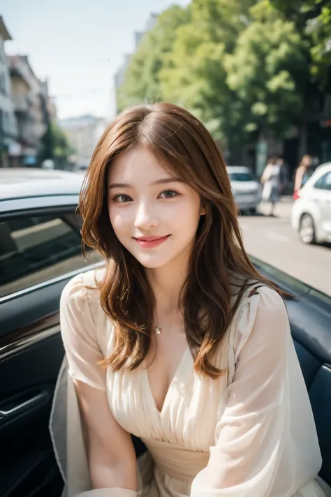 (( highest quality, 8k,  Masterpiece :1.3)),  in the seat,  smiles, whole body, Slender face,  Pretty Woman , ( thick brown hair),  long dress :1.1,  Super Detaild Faces ,  Delicate Eyes,  double eyelid,  blurry background, Slender face, city, external, st...